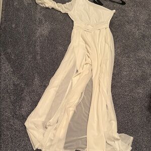 Fashion Nova Chic Cream One-Shoulder Jumpsuit